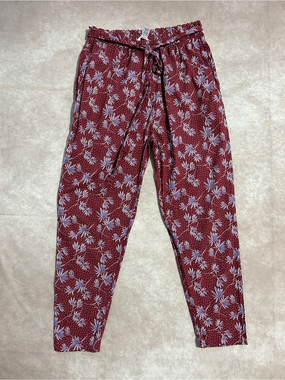 Eberjey Burgundy Floral Palm Leaf Print Drawstring Pajama Pants 100% Cotton S
